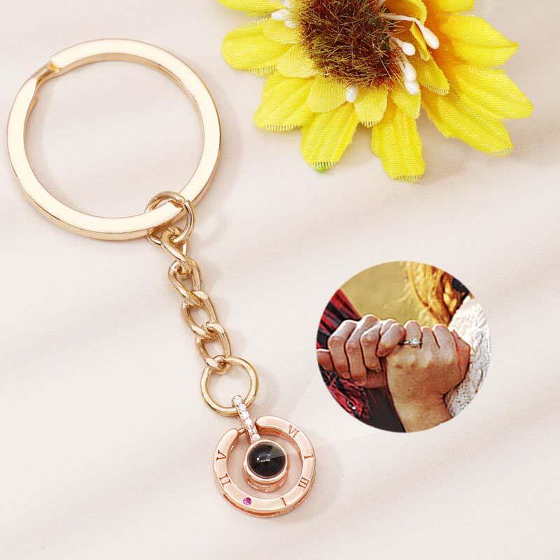 Personalized Photo Projection Keychain-Round Shape With Roman Numerals