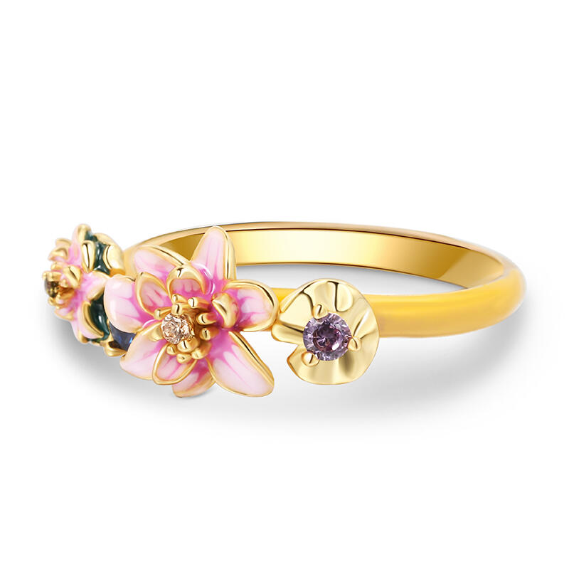 Jeulia "Tenderness in The Pond" Water Lilies Inspired Enamel Sterling Silver Ring