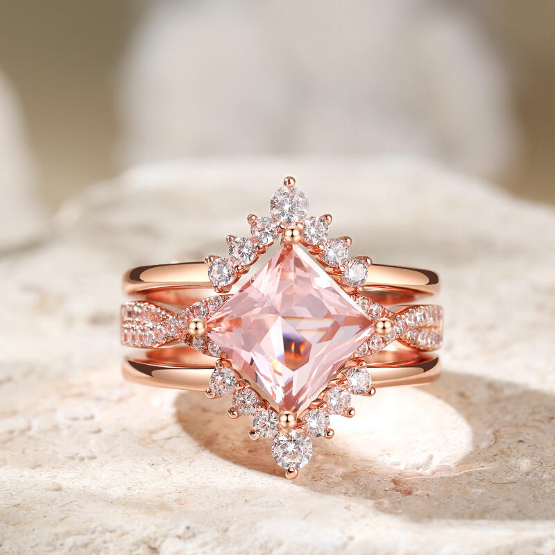 Jeulia Juego de Anillos de Plata de Ley con Morganita Sintética de Corte Princesa 3 Piezas