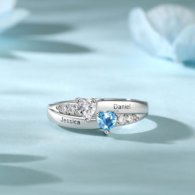Jeulia Anillo de Plata Esterlina de Dos Piedras de Corte Corazón con Piedras de Nacimiento