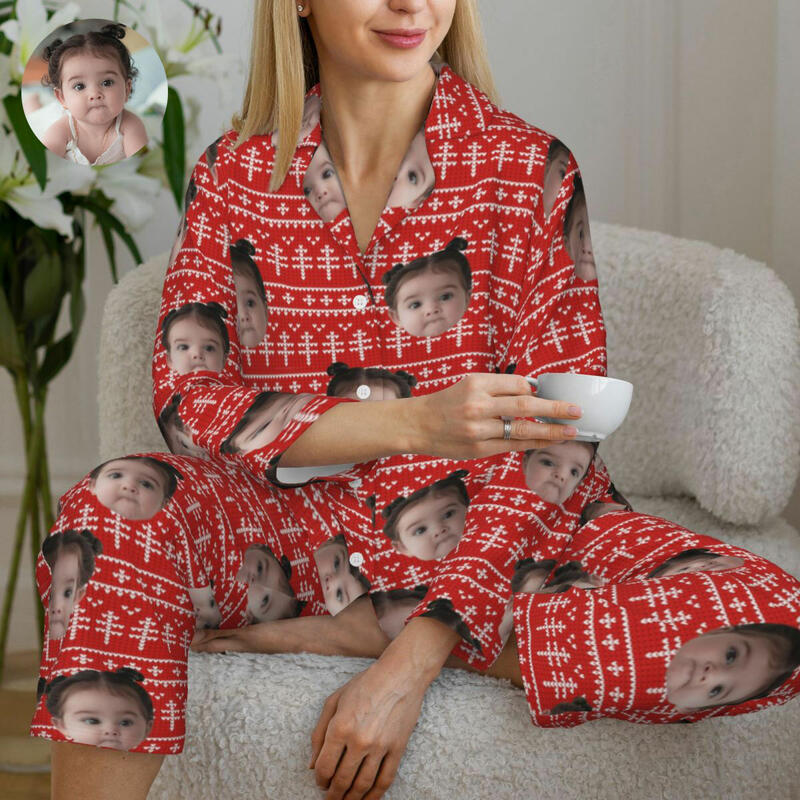 Pyjama personnalisé avec photo personnalisée Pixel Arbre de Noël Motif de style rouge Cadeau parfait pour elle