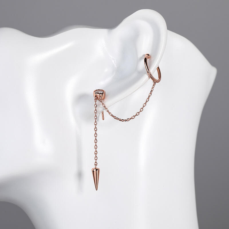 Jeulia "Asymmetric Design" Sterling Silver Ear Cuff with Chain