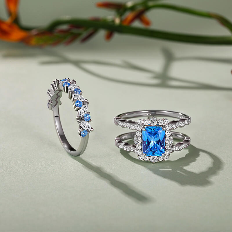 Jeulia Set Anelli Nuziali Personalizzati Taglio Radiante con Alone e Enhancer a Ondulato