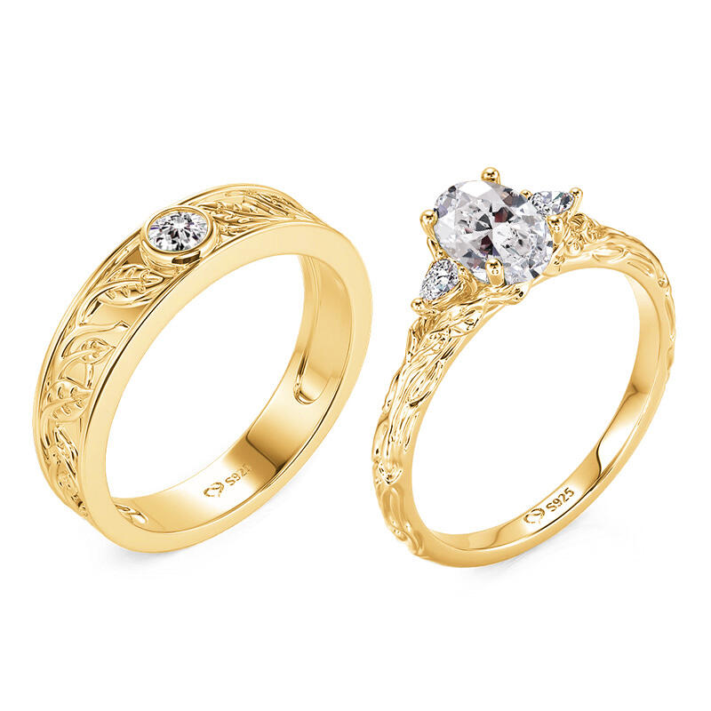 Jeulia Nature Inspired Leaf-Engraved Gold Couple Rings Set