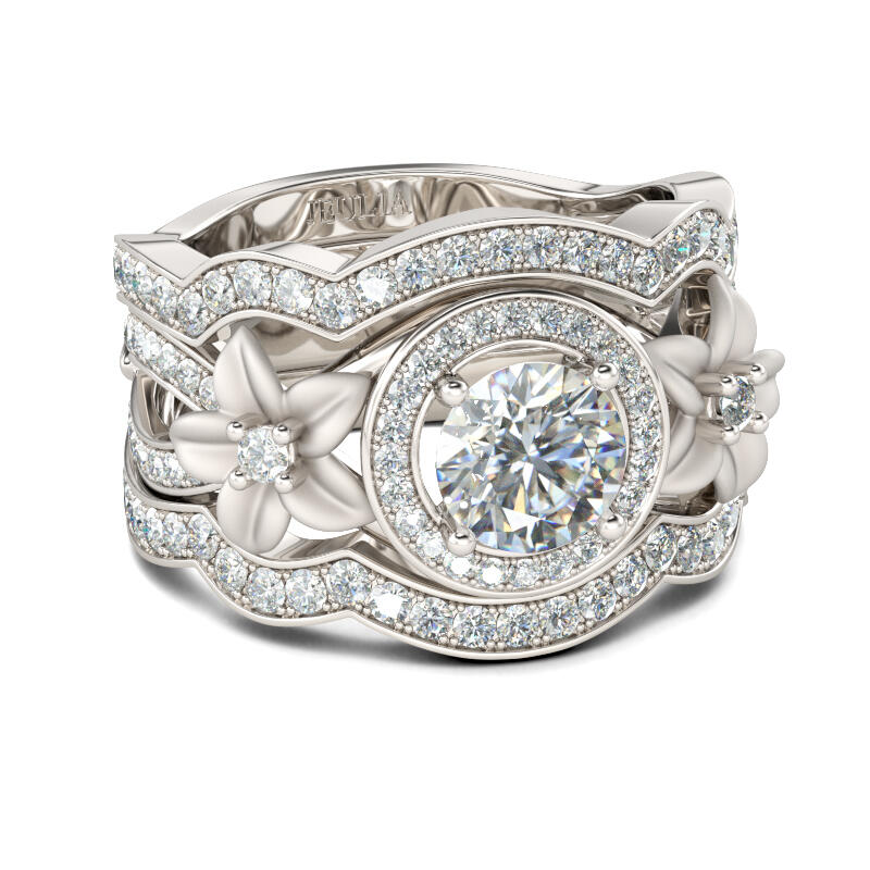 Jeulia Terno de anéis florais de corte redondo em prata de lei