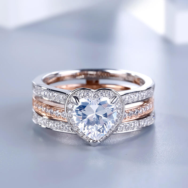 Jeulia Halo Heart Cut Interchangeable Sterling Silver Ring Set