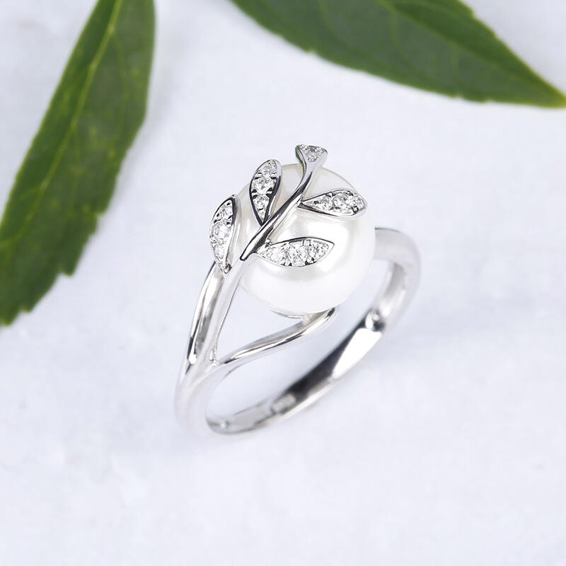 Jeulia Leaf Design Faux Pearl Sterling Silver Ring