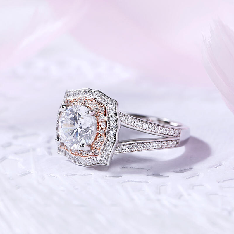 Jeulia Anillo de plata esterlina con halo redondo de dos tonos