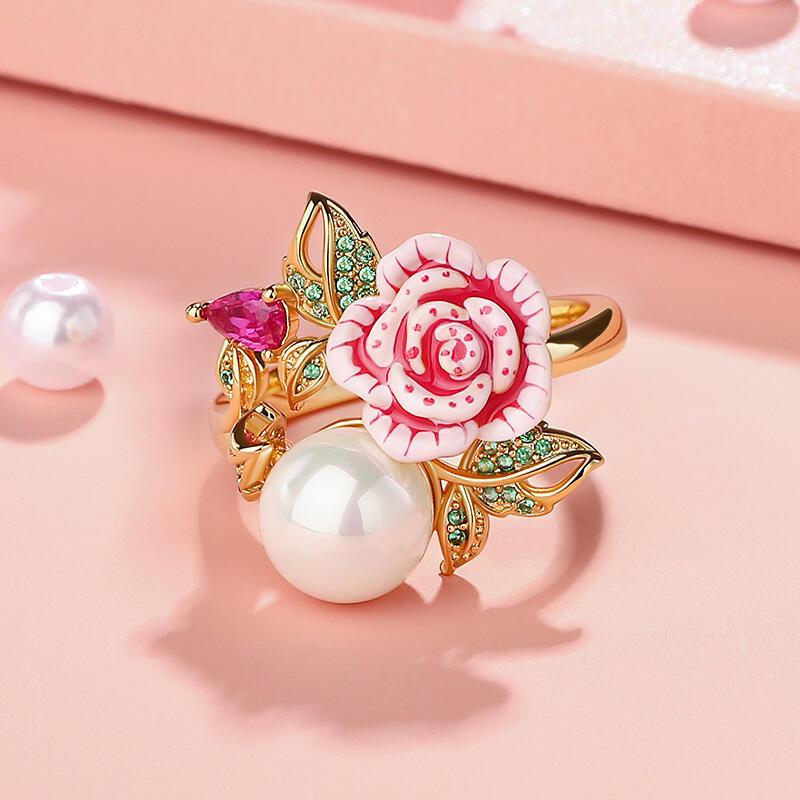 Jeulia "Cherished Love" Cultured Pearl Rose Flower Enamel Sterling Silver Ring