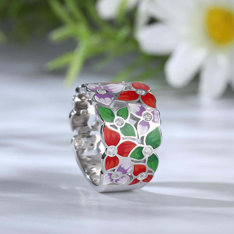 Jeulia "Sea of Flowers" Flower Enamel Sterling Silver Women's Band