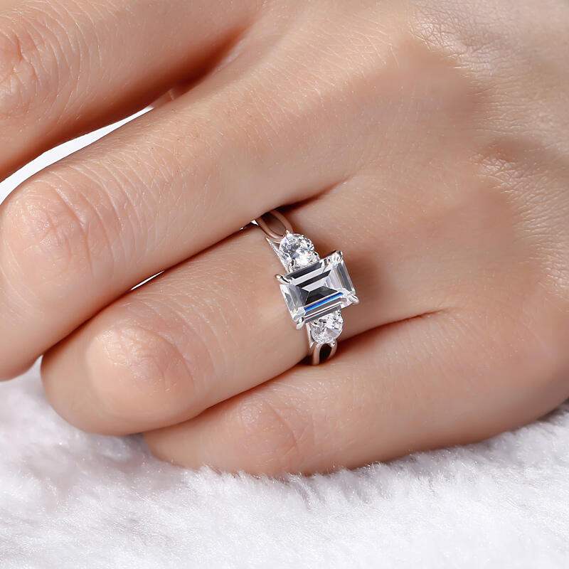 Jeulia Three Stone Split Shank Emerald Cut Sterling Silver Ring