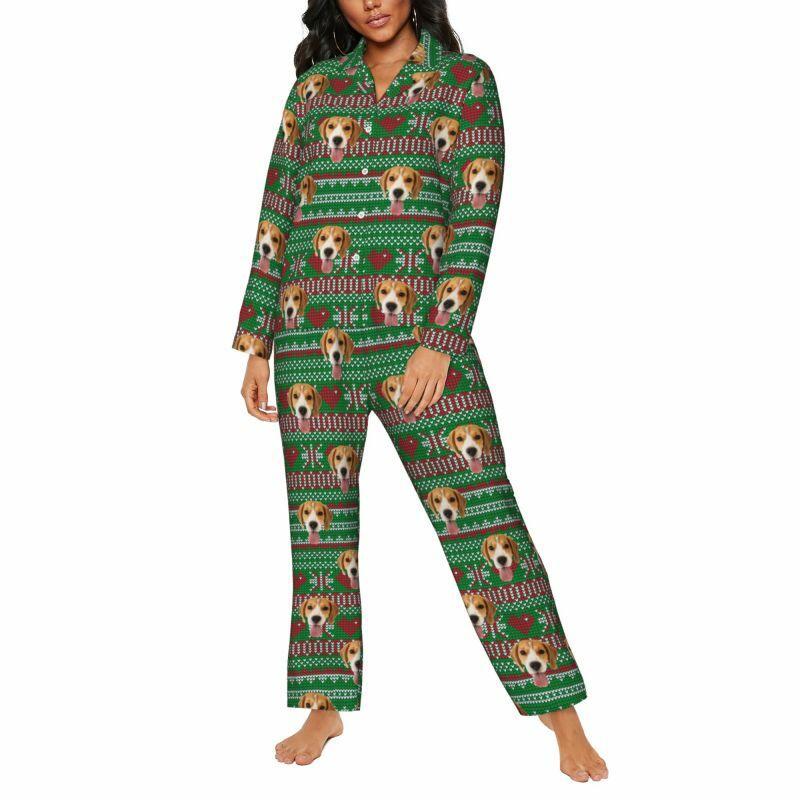 Pyjama personnalisé avec photo d'animal de compagnie personnalisée, design de style pixel d'amour de Noël, cadeau parfait pour la famille
