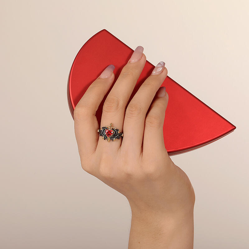 Jeulia Red Heart Sword Ring with Black Thorn Band