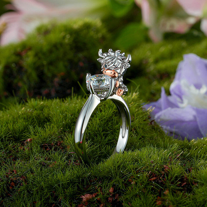 Jeulia Hug Me Bague de Mode Highland Cow Deux Tons en Argent Sterling