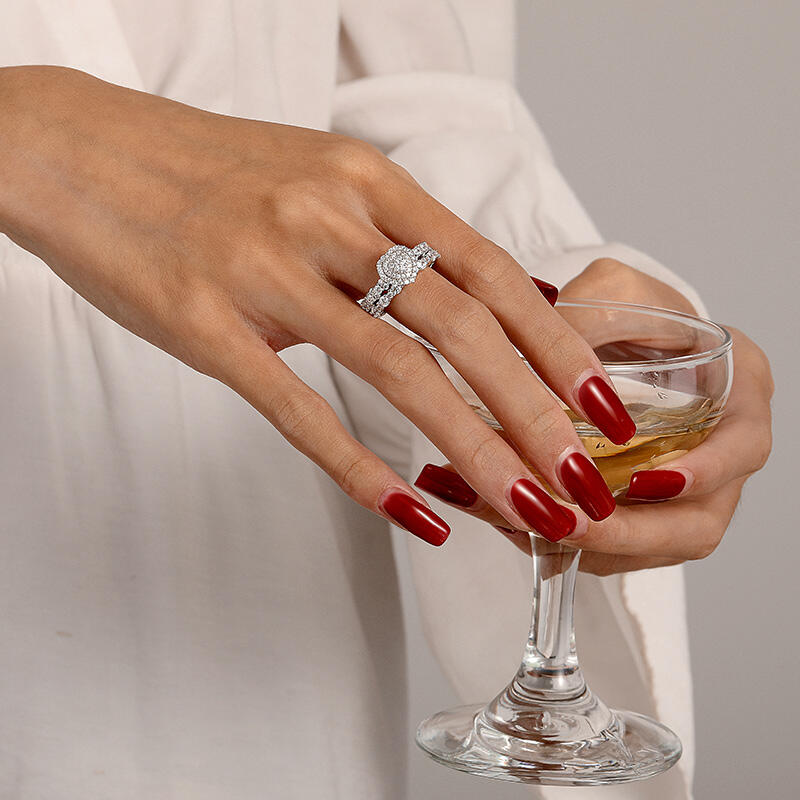 Jeulia Juego de Anillos de Compromiso Corazón Doble Halo de Plata de Ley