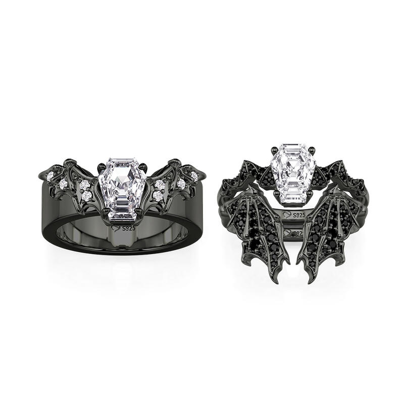 Jeulia Gothic Black Bat Coffin Cut Couple Rings Set