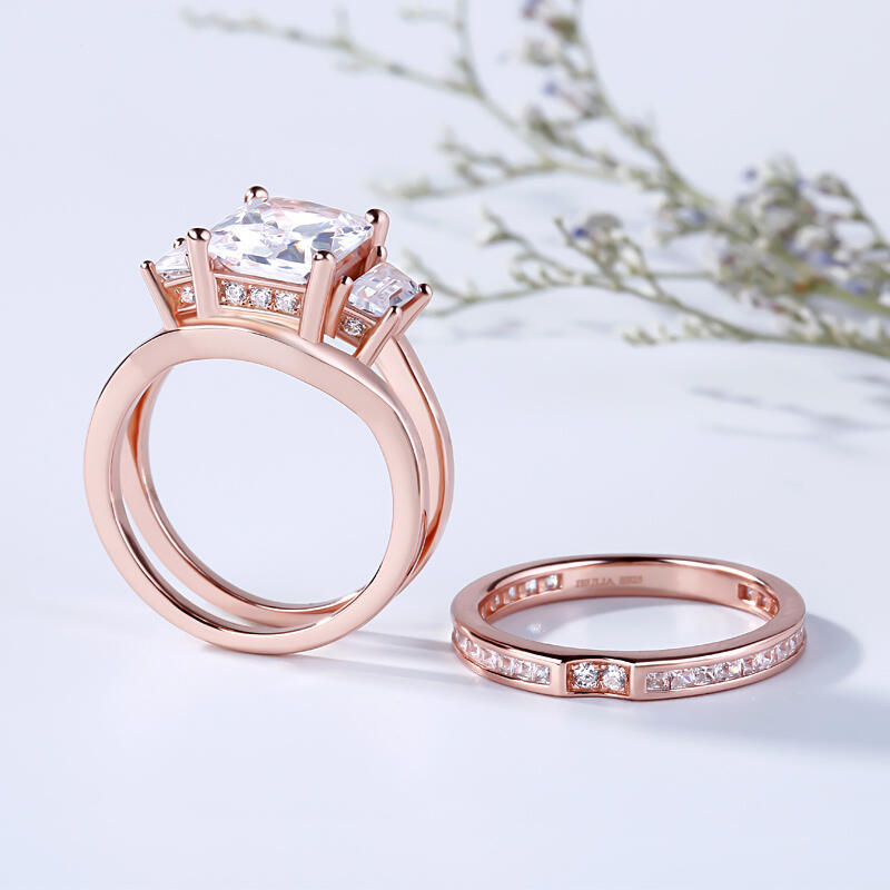 Jeulia Interchangeable Rose Gold Tone Radiant Cut Sterling Silver Ring Set