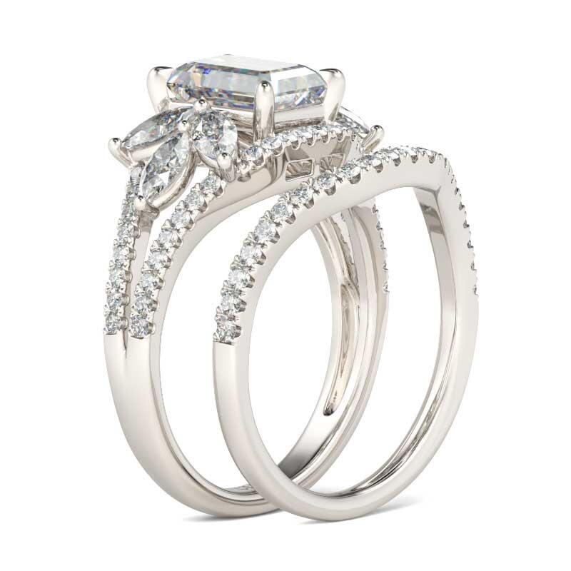 Jeulia Flower Design Emerald Cut Sterling Silver Ring Set