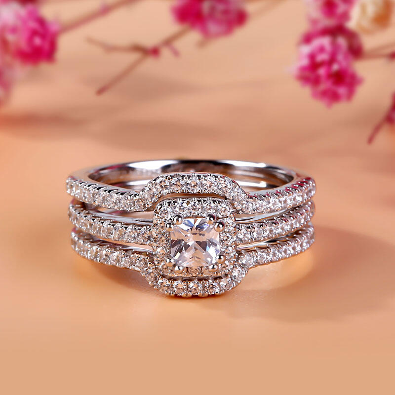 Jeulia Terno De Anillos Con Halo En Plata De Ley