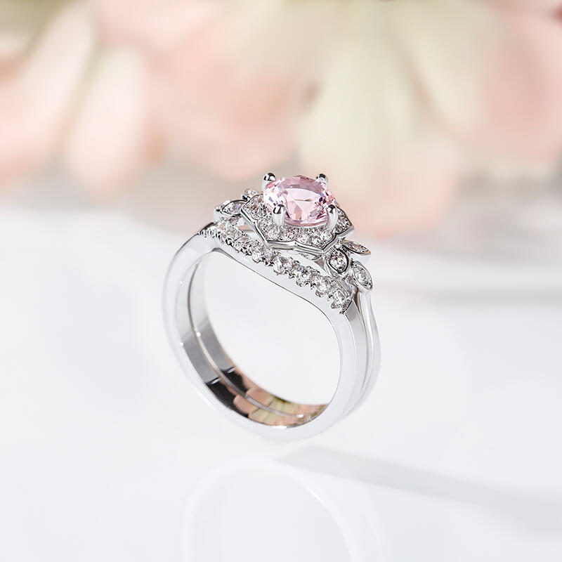 Jeulia Flower Design Round Cut Synthetic Morganite Sterling Silver Ring