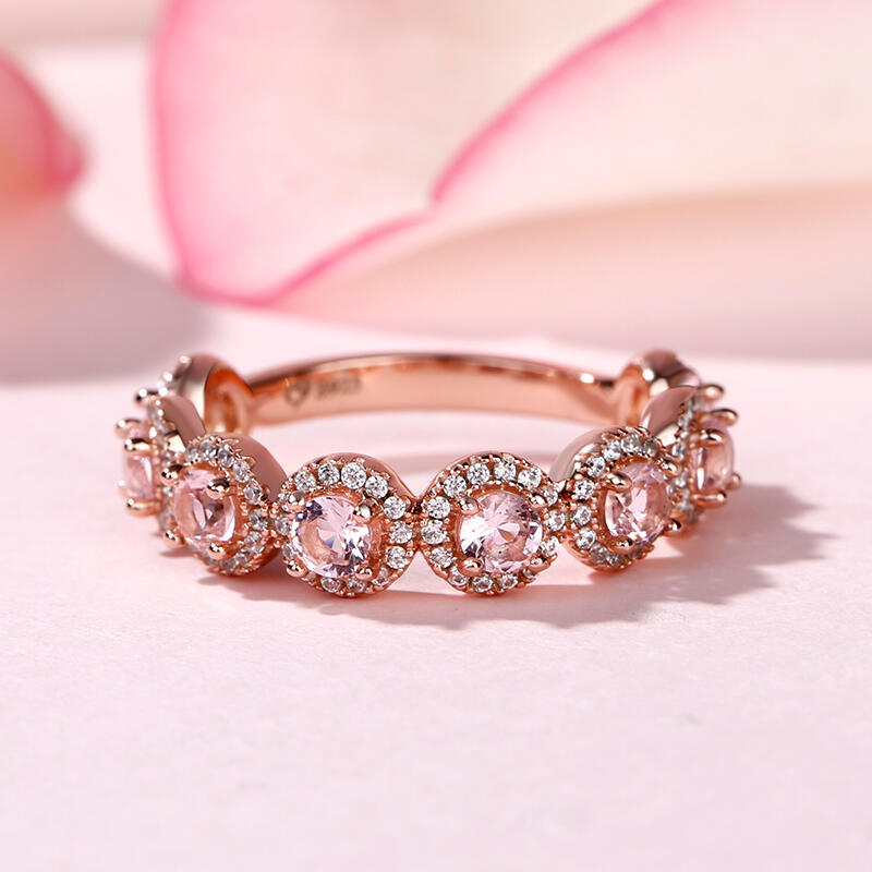 Jeulia Halo Round Cut Synthetic Morganite Sterling Silver Women's Band