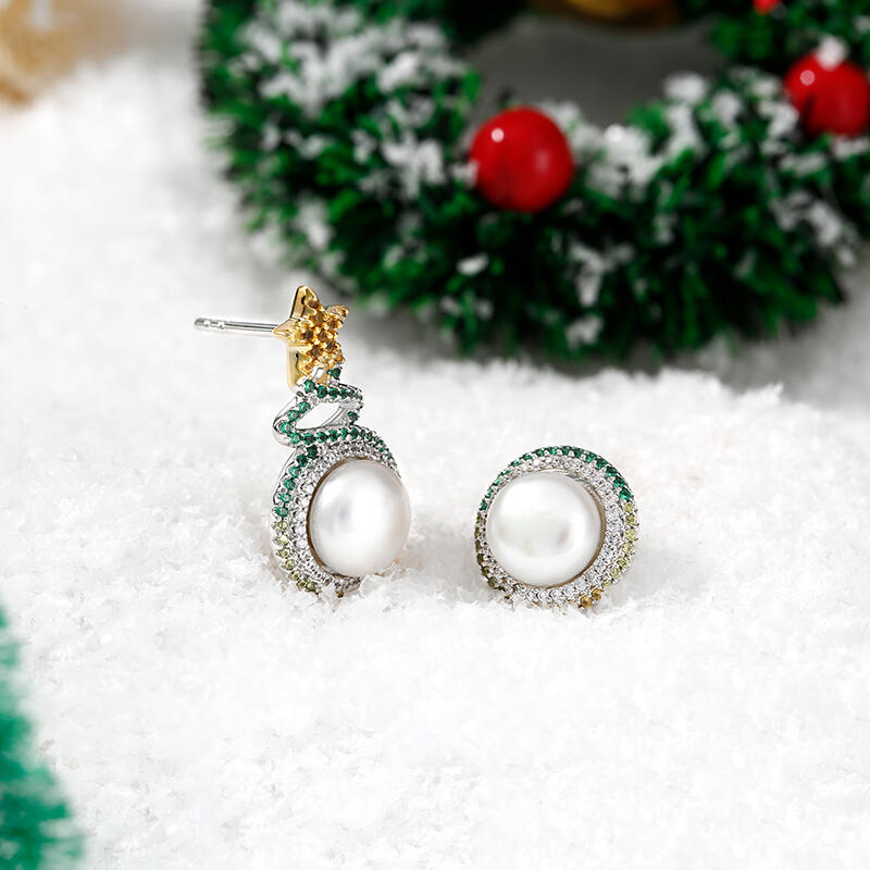 Jeulia "Christmas Tree" Cultured Pearl Sterling Silver Asymmetrical Earrings
