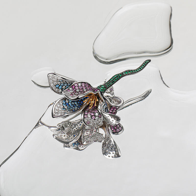 Jeulia "Invisible Flower" Multi-colored Stones Sterling Silver Brooch