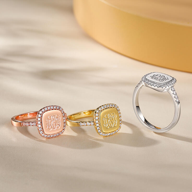 Jeulia Halo Square Monogram Personalized Sterling Silver Ring