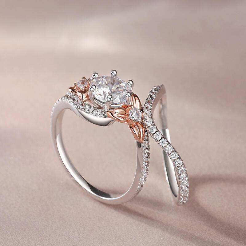 Jeulia Floral Design Round Cut Sterling Silver Ring Set