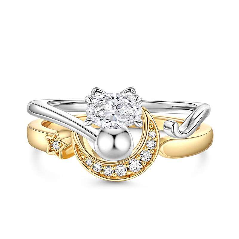 Jeulia Mån- och Stjärnring Set Justerbar Oval Cut Sterling Silver