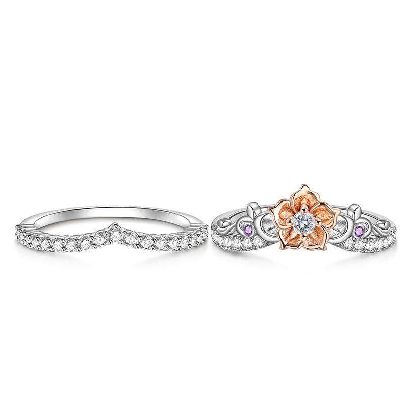 Jeulia Rose Gold Flower Promise Ring Set Two Tone Sterling Silver