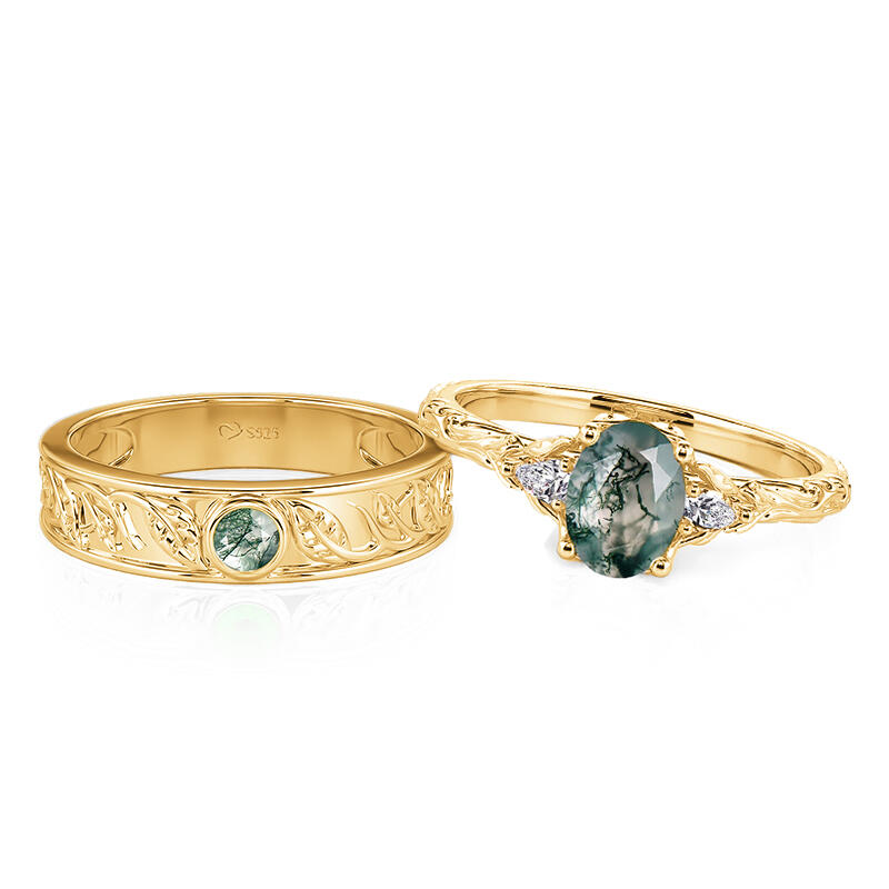 Jeulia Nature Inspired Moss Agate Gold Couple Rings Set