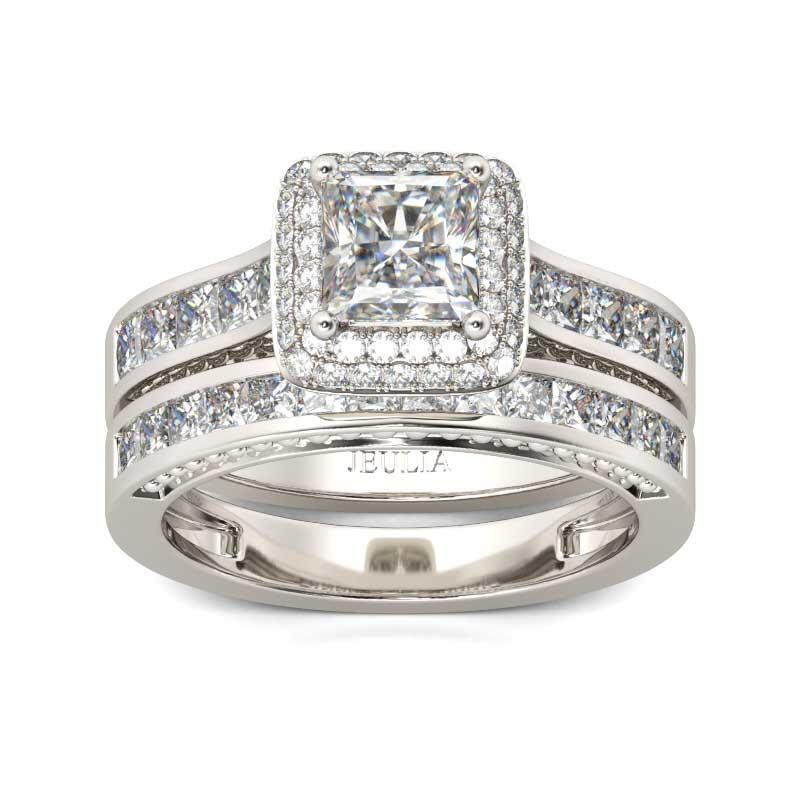 Jeulia Conjunto De Anillos Con Doble Halo De Talla Princesa En Plata De Ley