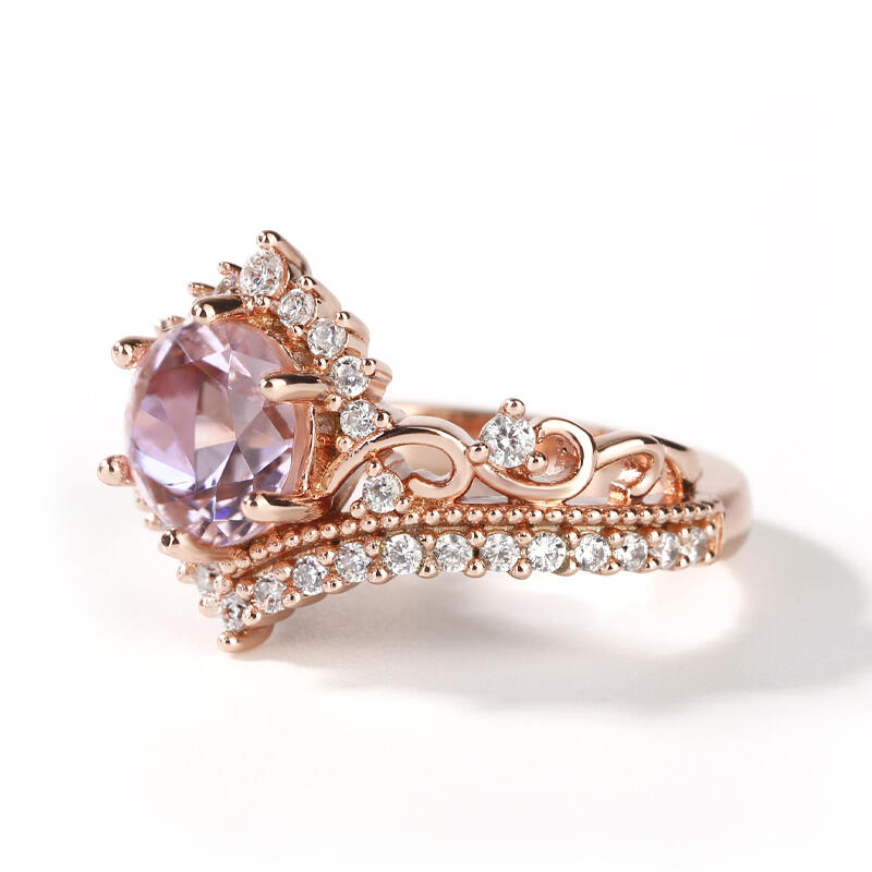 Jeulia Crown Design Round Cut Synthetic Morganite Sterling Silver Ring