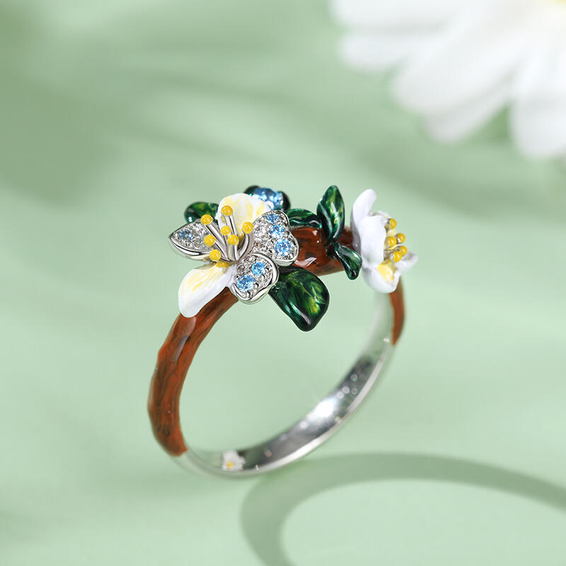Jeulia "Almond Blossoms" Enamel Sterling Silver Ring