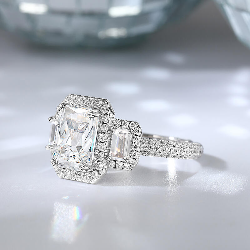 Jeulia Three Stone Emerald Cut Sterling Silver Ring