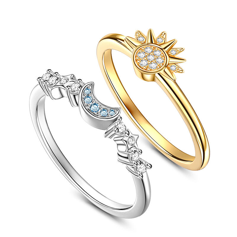 Jeulia Conjunto de Anel Celestial Sol e Lua em Prata de Lei