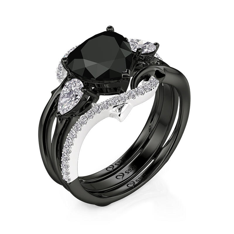 Jeulia Black Heart Thorns Three Stone Ring Set