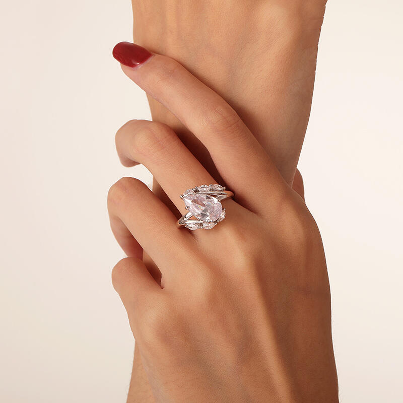 Jeulia Anillo de Compromiso Cruzado en Forma de Pera de Plata de Ley