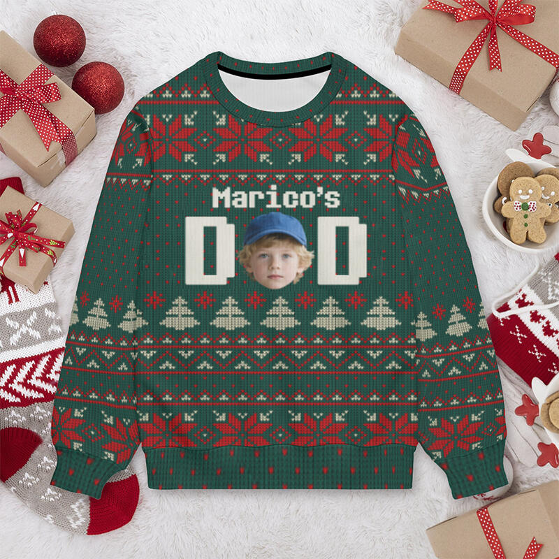 Personlig ful tröja unisex med anpassat huvudfoto och festivalmönster Design Julklapp till pappa Familj