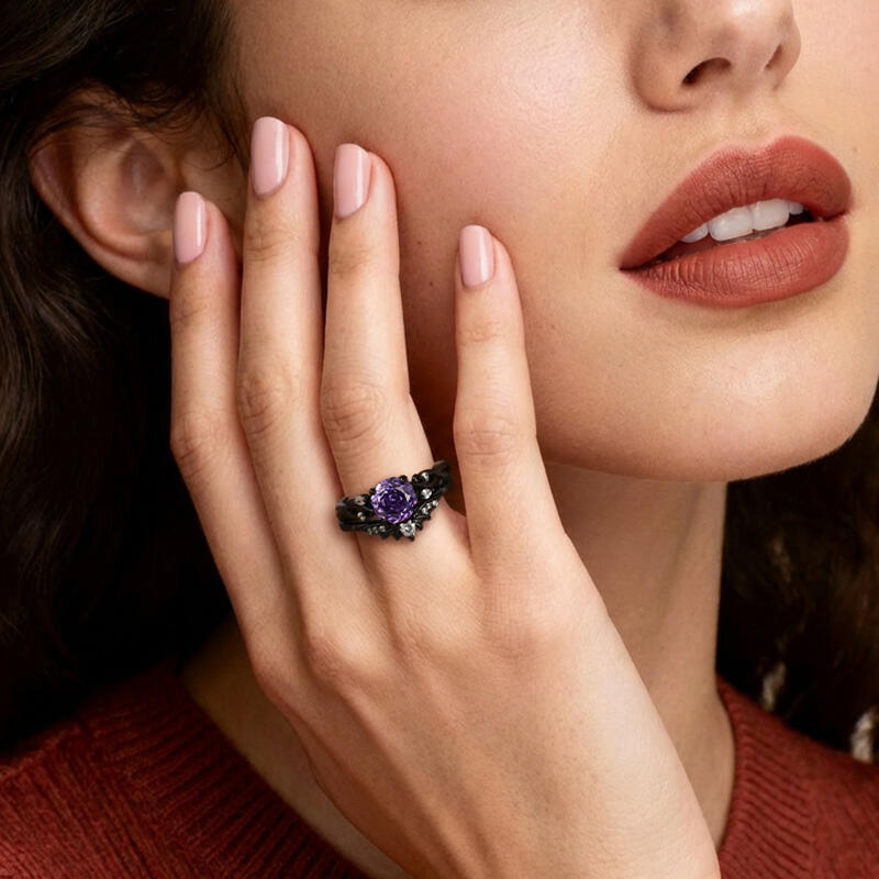 Jeulia Black Thorn Purple Rose Cut Ring Set Sterling Silver