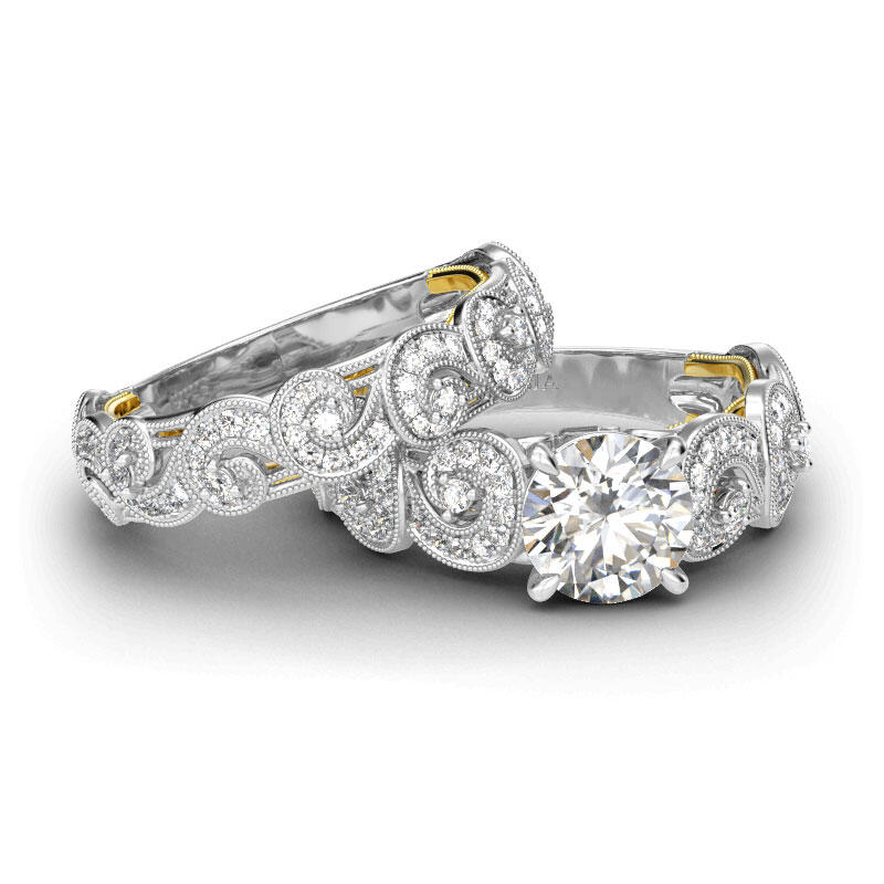 Jeulia Vintage Scrollwork Round Cut Sterling Silver Ring Set