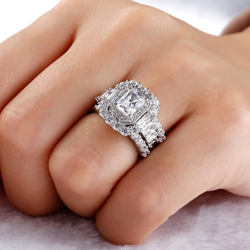 جوليا طقم خواتم هالة قطع مشع من الفضة الإسترليني مجموعة من ثلاث حلقات