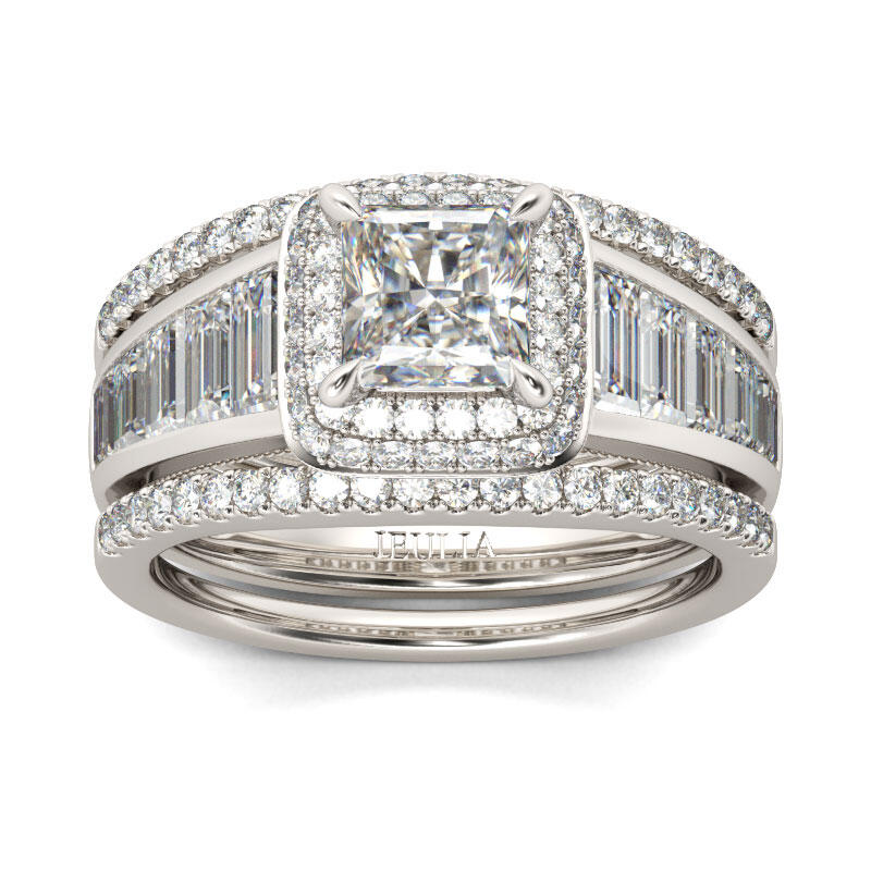 Jeulia Double Halo Princess Cut Sterling Silver 3PC Ring Set