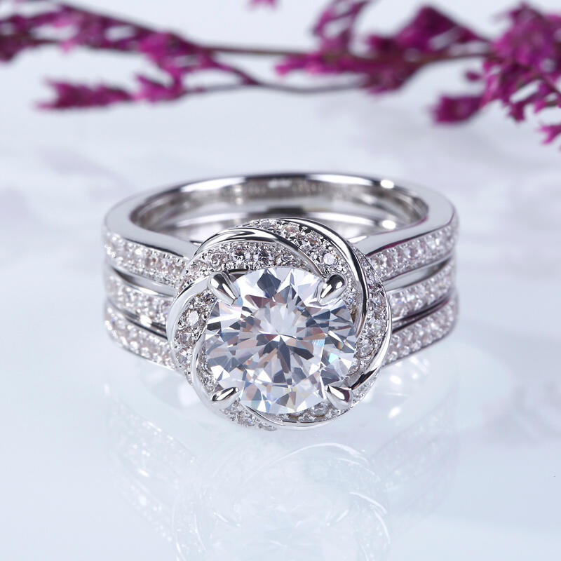 Jeulia Floral Halo Round Cut Interchangeable Sterling Silver Ring Set