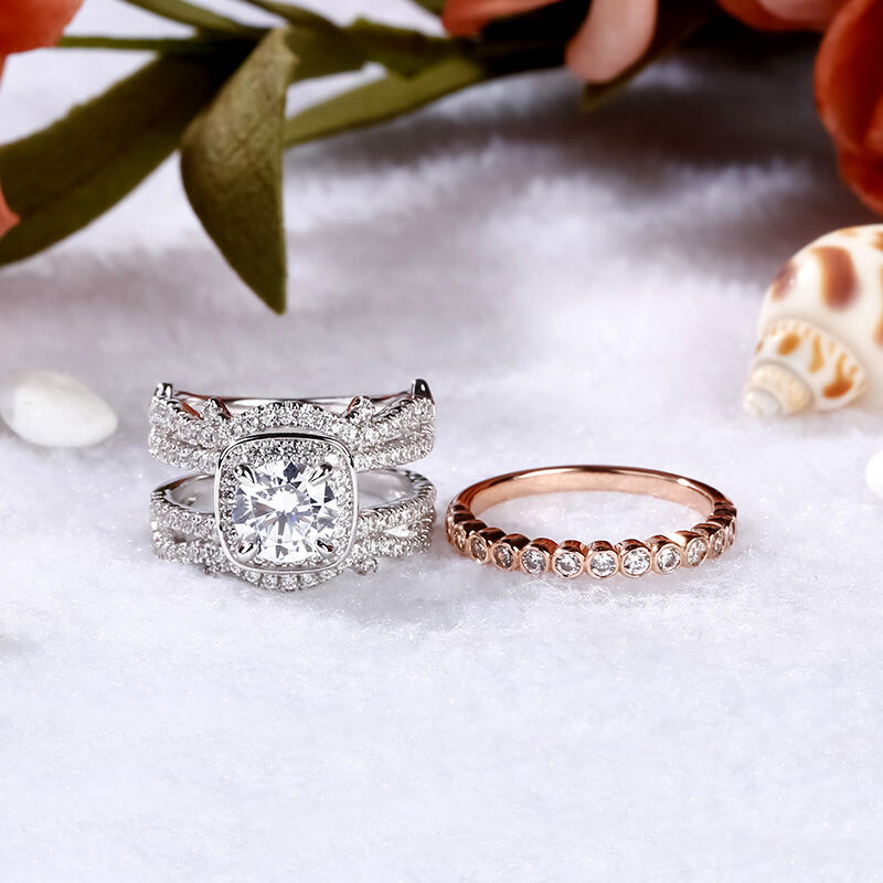 Jeulia Interchangeable Two Tone Halo Round Cut Sterling Silver Ring Set