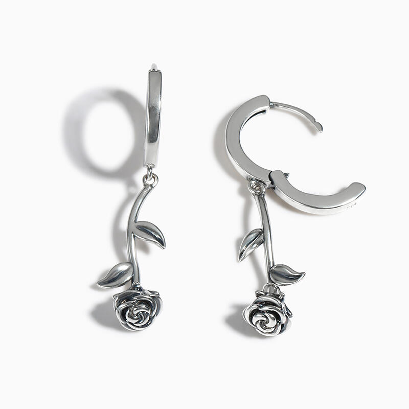 Jeulia "Dangle Rose" Flower Sterling Silver Earrings