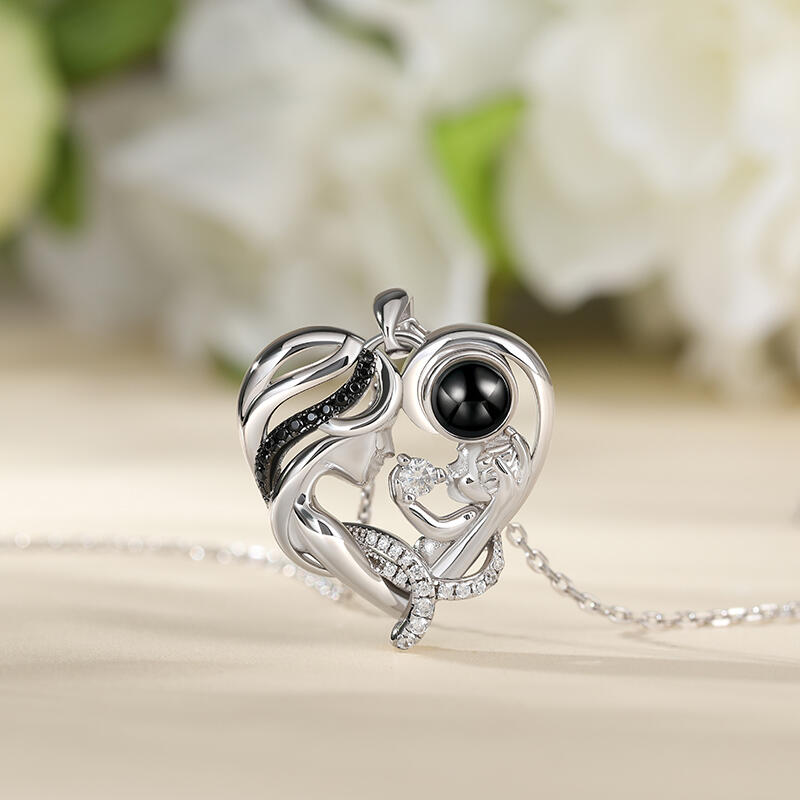 Jeulia "Warmest Protection" Mom & Baby Heart Personalized Photo Projection Sterling Silver Necklace