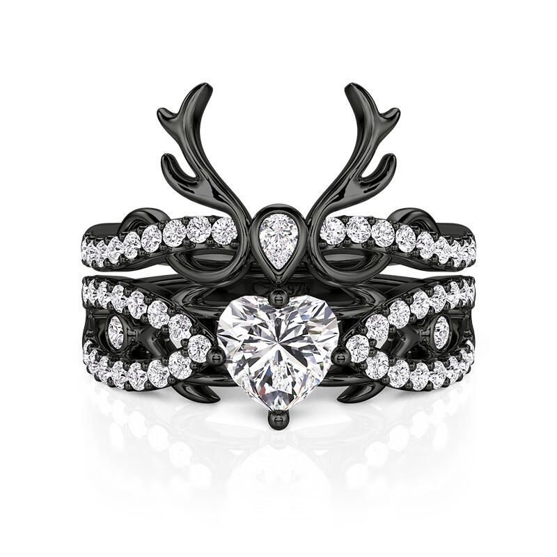 Jeulia 2PCS Gothic Black Thorn Heart Ring Set