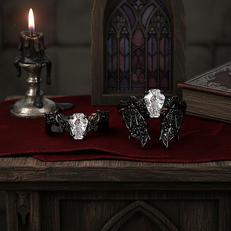Jeulia Gothic Black Bat Coffin Cut Couple Rings Set